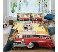 3D Print Soft Microfibre Cuban music scene Quilt Cover Sets Skin Friendly Bedding Set with Pillow Cases Vintage Havana illust Bed Quilt Cover All Season Machine Washable for Couples Single（135x200cm）