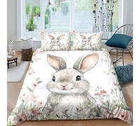 3D Print Soft Microfibre cute bunny Quilt Cover Set Easy Care Bedding Set w/ Pillowcases watercolor floral design Comforter Cover All Season Breathable Washable for Bedroom Decor Double（200x200cm）