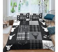 3D Print Soft Microfibre Deer silhouette Quilt Cover Set Skin-Friendly Bedding Set w/ Pillowcase Black white plaid style Bed Quilt Cover All Season Washable for Boys Girls Kids Single（135x200cm）
