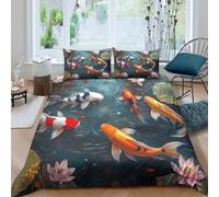 3D Print Soft Microfibre koi fish swimming Bed Quilt Cover All Season Bedding Sets with Pillowcases nature pond scene Duvet Cover Easy Care Breathable Washable for Home Decor Super king（260x220cm）