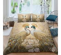 3D Print Soft Microfibre peacock love Quilt Cover Set Easy Care Bedding Set w/ Pillowcases ornamental Style Comforter Cover All Season Breathable Machine Washable for Bedroom Decor Single（135x200cm）