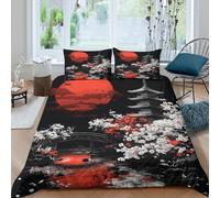 3D Print Soft Microfibre RedMoonNight Comforter Cover Easy Care Bedding Set with Pillowcases JapaneseTempleStyle Quilt Cover Sets All Season Machine Washable for Boys Girls Kids Single（140x200cm）