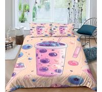 3D Print Super Soft Microfiber Blueberry drink Duvet Cover Set Easy Care Bedding Set with Pillow Cases Cartoon sweet style Bed Quilt Cover All Season Breathable for Home Decor King（220x240cm）