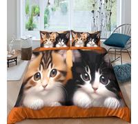 3D Print Super Soft Microfiber Cute kitten pair Duvet Cover Set Easy Care Bedding Set with Pillow Cases Cartoon illust Bed Quilt Cover All Season Breathable Washable for Home Decor Double（200x200cm）