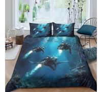 3D Print Super Soft Microfiber Underwater Explorers Duvet Cover Set Easy Care Bedding Set with Pillow Cases Sci-Fi Dive Bed Quilt Cover All Season Breathable Washable for Home Decor Single（140x200cm）