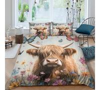 3D Print Super Soft Microfibre Highland cow Comforter Cover All Season Bedding Set with Pillow Shams Vintage floral art Duvet Cover Sets Easy Care Machine Washable for Men Women Kids King（220x240cm）