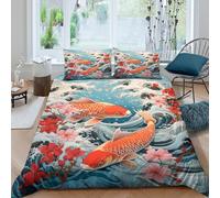 3D Print Ultra Soft Microfibre Koi fish Bedding Quilt Cover All Season Bedding Set with Pillow Cases Japanese wave art Duvet Cover All Season Breathable Washable for Boys Girls Kids King（220x240cm）