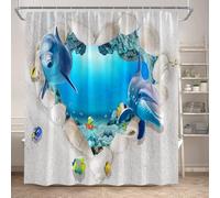 3D Print Underwater Scene Dolphins Shower Curtain Dolphins Peer Through Heart Shaped Hole from Blue Oeacn to Textured Wall Bathroom View Curtain 180 * 180cm