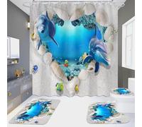 3D Print Underwater Scene Ocean Dolphins Shower Curtain with Bath rugs Non-slip Soft Toilet Lid Cover for Bathroom, White Sand Beach Seashells Romantic Heart-shaped Dolphin Theme Bathroom Decor