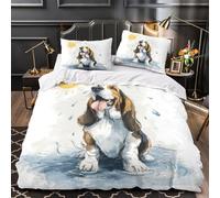 3D Printed 3 Pcs Bedding Set Bed Decor Zipper Closure Design Super Soft Basset Hound Dog Quilt Cover Washable Anti-allergic for Adults,Kids,Women Watercolor Pet Duvet Cover Double（200x200cm）