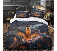 3D Printed 3 Pcs Bedding Set Home Decor Hidden Zipper Extra London Skyline Quilt Cover Breathable Wrinkle-Resistant for Adults,Boys,Teens cityscape Night View Duvet Cover Single（140x200cm）