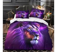 3D Printed 3 Pcs Bedding Set Room Decor Hidden Zipper Super Purple Lion Comforter Cover Washable Easy Care for Teens,Women,Kids digital Fantasy Quilt Cover Single（135x200cm）