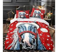 3D Printed 3-Piece Bedding Set Bed Decor Zipper Closure Design Christmas Horse Duvet Cover Washable Wrinkle-Resistant for Children,Boys,Women Painting Festive Comforter Cover Single（135x200cm）