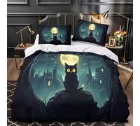 3D Printed 3-Piece Bedding Set Home Decor Zipper Ultra Soft Black Cat Moonlit Duvet Cover Hypoallergenic Machine Washable for Children,Boys,Youth fantasy Halloween Comforter Cover King（220x240cm）