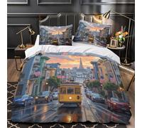 3D Printed 3 Pieces Bedding Set Home Decor Hidden Zipper Extra Soft San Francisco Street Quilt Cover Washable All Season for Adults,Kids,Girls vintage Trolley Sunset Duvet Cover Single（135x200cm）