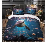 3D Printed 3PCs Bedding Set Room Decor Zipper Closure Ultra Sea Lion Swimming Comforter Cover Breathable Wrinkle-Resistant for Kids,Teens,Boys Underwater Wildlife Quilt Cover Double（200x200cm）