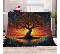 3D Printed A Lonely Tree By The Sea,Illuminated By The Setting Sun Flannel Fleece Blanket (270GSM) Tree Of Life Super Cozy 220x240 cm Queen Size Fade Resistant Home Decor Gift - Machine Washable