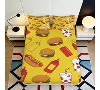 3D Printed American Fast Food Fitted Sheet Microfiber Deep Pocket Non-Slip Bedding Set Burger Pattern Mattress Fitted Cover Washable for Bedroom Home 180x200x25cm