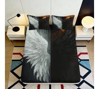 3D Printed Angel Wing Fitted Sheet Microfiber Soft Black White Feather Mattress Cover for Bedroom Dorm Decor Protection 90x200x25cm