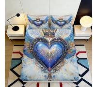 3D Printed Angel Wing Heart Fitted Sheet Microfiber Deep Pocket Non-Slip Bedding for Adults Blue Heart Mattress Fitted Cover Washable 90x200x25cm