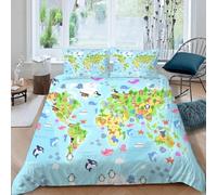3D Printed Animals Map Duvet Cover Set Single size,Soft Microfiber Hypoallergenic Cartoon Bedding Set with Pillowcase, Quilt Cover with Zipper for Kids, Teens2e144