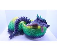 3D Printed ariculated Dragon and Egg Sculpture, Green/Purple/Yellow, Decorative 330mm, Hinged jaw, Large 130x100mm Dragon Egg