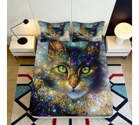 3D Printed Artistic Cat Fitted Sheet Microfiber Soft Mattress Cover for Bedroom Dorm Protection Decorative Universe Pattern 90x200x25cm