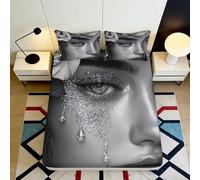 3D Printed Artistic Face Fitted Sheet Microfiber Black White Eye Tears Bed Cover for Bedroom Guestroom Decor 90x200x25cm