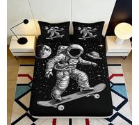 3D Printed Astronaut Skateboarding Galaxy Fitted Sheet Microfiber Black Space Planet Bed Cover for Bedroom Dorm Room Mattress Protection Decor 160x200x25cm