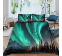 3D Printed Aurora and Forest Single Duvet Cover Set 3 Piece Microfibre Bedding Set Natural Scenery Quilt Cover 150x200 cm with 2 Pillowcases 50x75 cm and Zipper Closure i.1929