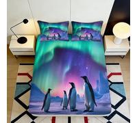 3D Printed Aurora Penguin Fitted Sheet Microfiber Soft Mattress Cover Bedroom Decor Anti-Slip Washable for Home 90x200x25cm