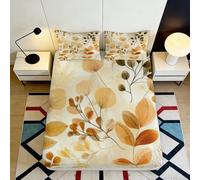 3D Printed Autumn Leaves Fitted Sheet Microfiber Soft Beige Brown Botanical Bed Cover for Bedroom Guest Room 90x200x25cm