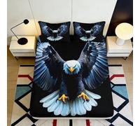 3D Printed Bald Eagle Fitted Sheet Microfiber Soft Black Blue Wings Bed Cover for Bedroom Guest Room Decor Mattress Protection 160x200x25cm