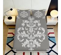 3D Printed Baroque Floral Fitted Sheet Microfiber Soft Grey White Damask Bed Cover for Bedroom Guest Room Protection 90x200x25cm