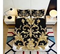 3D Printed Baroque Gold Black Fitted Sheet Microfiber Soft Luxury Floral Bed Cover for Bedroom Guest Room Mattress Decor 90x200x25cm