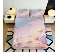 3D Printed Beach Shells Fitted Sheet Microfiber Soft Mattress Cover Sea Star Bedroom Decor Anti-Slip Easy Care 90x200x25cm