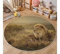 3D Printed Beige Brown Savannah Lion Round Area Rug Circular Carpet Soft Non-Slip Washable Mat Low Pile Rug Retro Animals Anti-Slip Carpet For Living Room Bedroom Decoration,140Cm