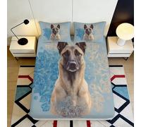 3D Printed Belgian Malinois Fitted Sheet Microfiber Blue Artistic Dog Pattern Mattress Cover for Bedroom Guestroom Decor 90x200x25cm
