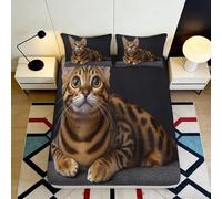3D Printed Bengal Cat Fitted Sheet Microfiber Brown Animal Pattern Bed Cover for Bedroom Dorm Mattress Decor 90x200x25cm