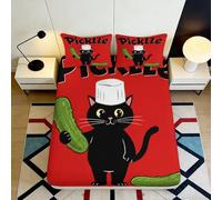 3D Printed Black Cat Chef Fitted Sheet Microfiber Red Pickle Art Mattress Cover for Bedroom Decor Dorm Room 90x200x25cm