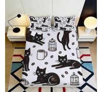 3D Printed Black Cat Fitted Sheet, Coffee Mug Pattern, Microfiber Soft Touch, Wrinkle Resistant, Home Bedroom Decor, Guest Room Bedding 90x200x25cm