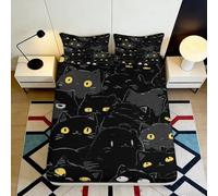 3D Printed Black Cat Fitted Sheet Microfiber Bedding Cartoon Yellow Eyes Bed Cover for Bedroom Dorm Mattress Decor 90x200x25cm