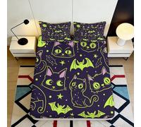 3D Printed Black Cat Fitted Sheet Microfiber Soft Glow Bat Bed Cover for Bedroom Dorm Room Mattress Decor 90x200x25cm