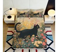 3D Printed Black Cat Floral Fitted Sheet Microfiber Soft Non Slip Mattress Cover Bedroom Decor Machine Washable 90x200x25cm