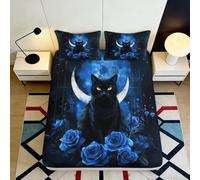 3D Printed Black Cat Moon Fitted Sheet Microfiber Deep Pocket Non-Slip Bedroom Bedding Blue Rose Mattress Fitted Cover Washable for Adults Teens 120x200x25cm