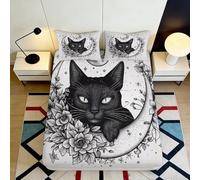 3D Printed Black Cat Moon Fitted Sheet Microfiber Soft Bedroom Decor Floral Bed Cover Dustproof Machine Washable 90x200x25cm