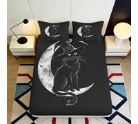 3D Printed Black Cat Moon Fitted Sheet Microfiber Soft Bedroom Decor Gothic Mattress Cover for Home Dorm 90x200x25cm