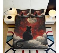 3D Printed Black Cat Moon Fitted Sheet Microfiber Soft Red Sky Mattress Cover for Bedroom Guest Room Decor 90x200x25cm