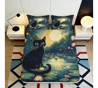 3D Printed Black Cat Moonlight Fitted Sheet Microfiber Soft Non-Slip Mattress Cover Bedroom Home Decor 90x200x25cm