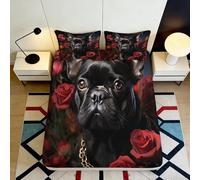 3D Printed Black French Bulldog Fitted Sheet Microfiber Red Rose Bed Cover Non-slip Machine Washable Decor 90x200x25cm